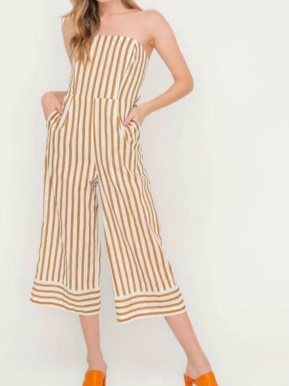 Striped Strapless Wide-Leg Jumpsuit - Tan & White